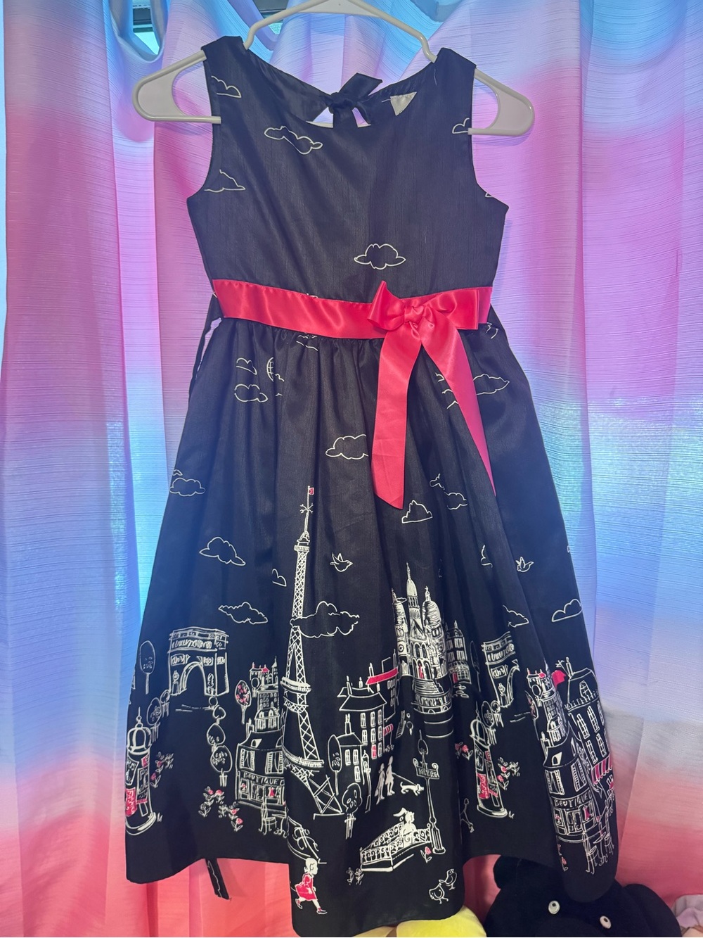 Rare Editions Black Paris Skyline Dress with Pink Sash